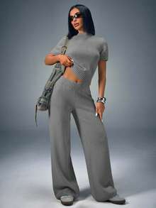 CasuGlow Women Comfy Cozy Drawstring Knit Top And Knit Short 2pcs Two Pieces Set - Grey - View 7