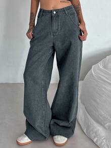 DAZY Women's High Waist Pocketed Wide Leg Loose Casual Versatile Jeans Y2k - Dusty Blue - View 3