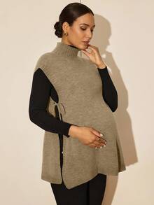 MaterniWear 秋季/孕妇秋冬纯色简约日常高领毛衣背心 - 卡其色 - 查看 4