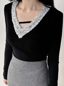 DAZY Women's V-Neck Sequin Design Long Sleeve T-Shirt, Slim Fit Casual Pullover Top Carnival - Black - View 4