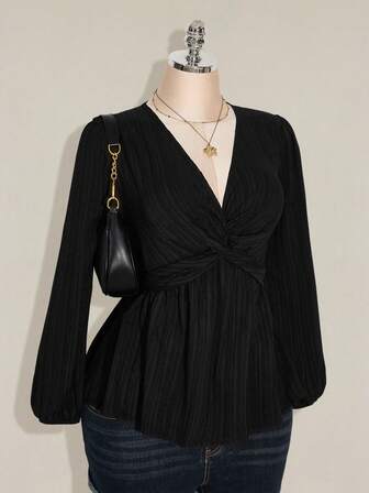 SHEIN ICON Plus Size Women's Autumn/Winter Sexy Retro Elegant Commuter Simple Casual V-Neck Long Sleeve Lantern Sleeves Twisted Chest Hem Black Textured Fabric Loose Women's Top