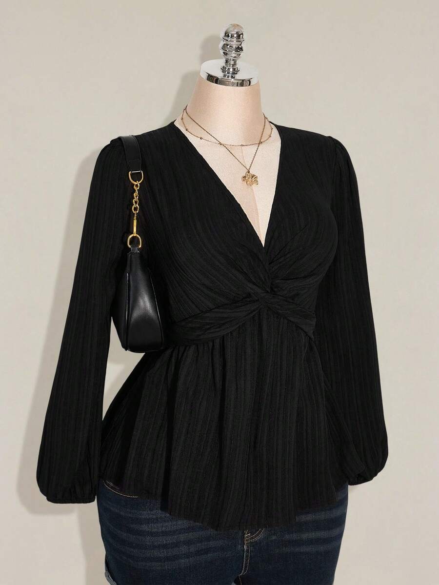 SHEIN ICON Plus Size Women's Autumn/Winter Sexy Retro Elegant Commuter Simple Casual V-Neck Long Sleeve Lantern Sleeves Twisted Chest Hem Black Textured Fabric Loose Women's Top - Black - View 1
