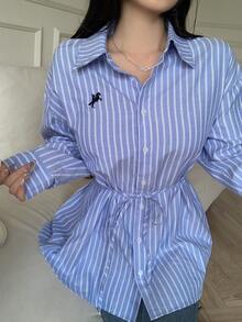 Women's Fashion Casual Striped Print Tie-Up Button Down Shirt - Blue - View 1