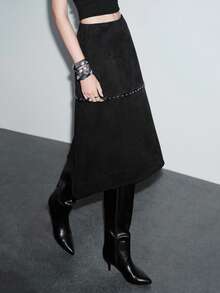 Lumivelle 女士秋季铆钉缎带装饰美人鱼裙 - 黑色 - 查看 4