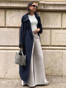 Aloruh Women's Barn Style Navy Blue Long Sleeve Pockets Long Trench Coat - Navy Blue - View 4