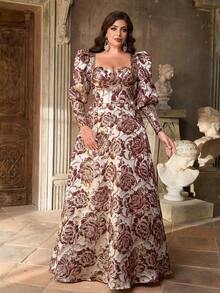 Aureia Váy suông tay bồng cổ vuông chất liệu satin jacquard nhiều màu sang trọng, thanh lịch cỡ lớn, cạp cao, gấu siêu rộng, thích hợp cho các buổi dạ tiệc tối, tiệc độc thân, hẹn hò, dạ hội, kỳ nghỉ, đám cưới, sinh nhật, trở lại trường, dịp trang trọng (được tô điểm nhiều) - Màu vàng - Xem 2