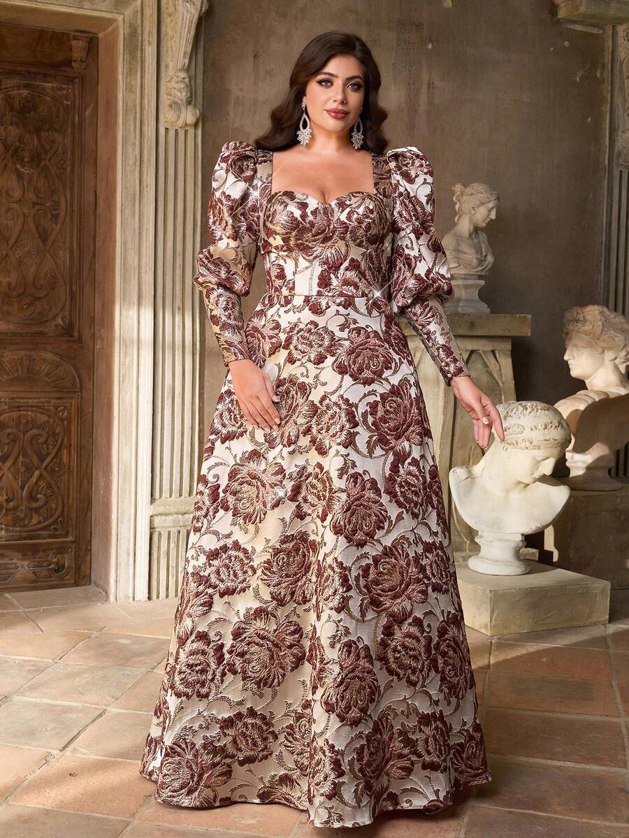 Aureia Váy suông tay bồng cổ vuông chất liệu satin jacquard nhiều màu sang trọng, thanh lịch cỡ lớn, cạp cao, gấu siêu rộng, thích hợp cho các buổi dạ tiệc tối, tiệc độc thân, hẹn hò, dạ hội, kỳ nghỉ, đám cưới, sinh nhật, trở lại trường, dịp trang trọng (được tô điểm nhiều)