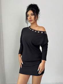Rafferiza Đầm ôm sát màu trơn cổ chéo thời trang cho người đi làm - màu đen - Xem 3