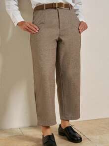 Airaco 大码女式休闲/办公室人字纹印花口袋九分裤，不含腰带 - 卡其色 - 查看 2