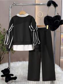 SHEIN 2 件女童秋冬紫色圆领罗纹袖口和下摆设计白色梭织面料二合一蝴蝶结领口松紧腰阔腿裤套装 - 黑色 - 查看 2