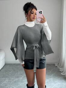 Elenzga Women's Fashionable Versatile Solid Color Poncho Sleeve Sweater, Autumn/Winter - Grey - View 6