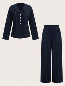 SHEIN PETITE 2 件套：女士秋装秋季休闲翻领纽扣前长袖衬衫和休闲长裤，教师装，适合日常穿着女士裤子套装两件套裤子女士 - 藏蓝色 - 查看 8