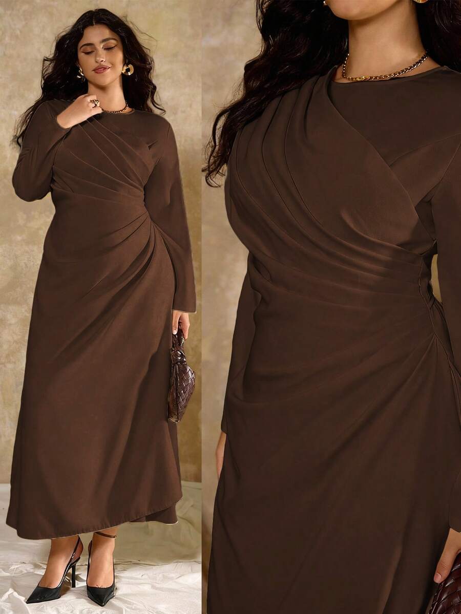 Roveilla Plus Size Women's Elegant Formal Office Commute Casual Vacation Party Vintage Teacher Autumn Middle Eastern Solid Color Round Neck Waist Pleated A-Line Long Sleeve Maxi Dress, Light Yellow Plus Size Brown Dress Chocolate Brown Dress Brown Dress Brown Elegant Dress Women Coffee Brown Dress - Chocolate Brown - View 1
