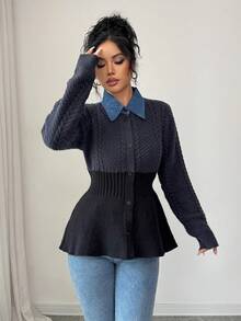 SHEIN Elenzya Cárdigan de punto con cuello de pana azul marino, diseño de remiendo, artesanía de cable, volante en el bajo y estilo vintage de un solo pecho para mujer - Azul Marino - Ver 5