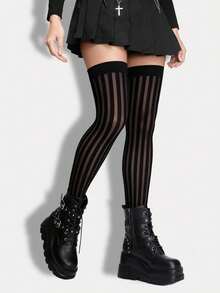 ROMWE Goth 1 Pair High Elasticity Black Thigh High Socks For Women - Vertical Stripe Black - View 1