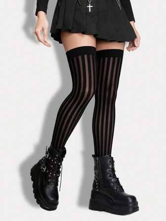 Goth 1 Pair High Elasticity Black Thigh High Socks For Women