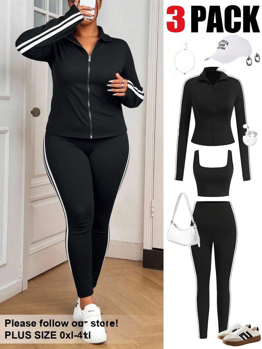 SHEIN EZwear Bộ 3 món: Áo khoác cổ sọc đen trắng, áo vest ôm vừa vặn và quần bó, trang phục thường ngày đa năng cỡ lớn, thu/đông - Đen và trắng - Xem 1