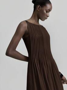 Ontre 女士条纹喇叭下摆连衣裙，配肩带，优雅都市通勤商务休闲长裙，秋冬款 - 咖啡棕 - 查看 2