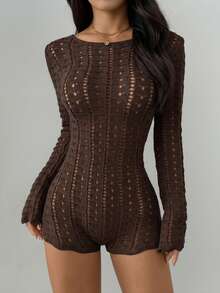 SHEIN PETITE 女士性感纯色镂空露背棕色针织连体裤，适合度假海滩穿着，夏季、秋季、冬季皆宜。 - 棕色 - 查看 5