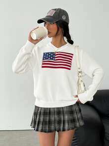SHEIN V 领宽松五角星花卉套头衫，适合少女，宽松休闲国旗图案长袖毛衣，米色、蓝色、红色、白色，适合新年前夜保暖、时尚街头风格、休闲运动、英语图案毛衣，适合少女，休闲、百搭、宽松、返校、运动、学院、秋冬复古毛衣 - 杏色 - 查看 6