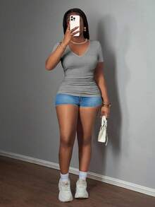 SHEIN Slayr 2025 New Plus Size Women Casual Basic Racerback Sleeveless Deep V-Neck Ribbed White T-Shirt - Grey - View 4
