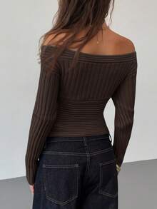 Aloruh Women's New Autumn/Winter Knit Sweater, Off Shoulder Vintage Ribbed Fitted Long Sleeve Pullover,Fall,Fall Clothes For Women - Brown - View 2