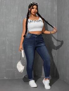 SHEIN ICON Plus Size Fashion Casual Washed Slant Pocket Skinny Jeans - Dark Wash - View 5