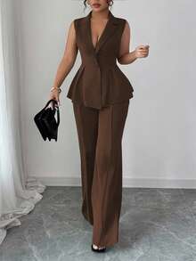 SHEIN Elenzya Bộ vest nữ thanh lịch lãng mạn cổ bẻ không tay cỡ lớn - Cà phê nâu - Xem 4