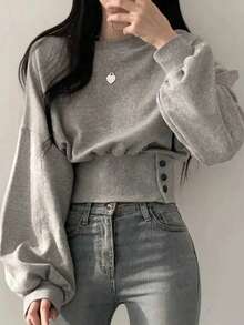 INAWLY 女士纯色落肩长袖腰部纽扣休闲卫衣，秋冬季毕业季、返校季、毕业典礼、教师节女装、返校季套头衫