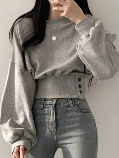 INAWLY Women Gray Fall Winter Casual Elegant School Back-To-School Drop Shoulder Long Sleeve Waist Button Sweatshirt,Graduation Teacher Pullover