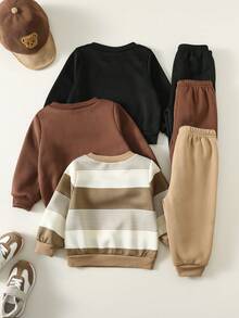 SHEIN 6件套婴儿男女童可爱卡通图案条纹长袖卫衣和运动裤套装，男女通用婴儿服装，冬季 - 彩色 - 查看 2