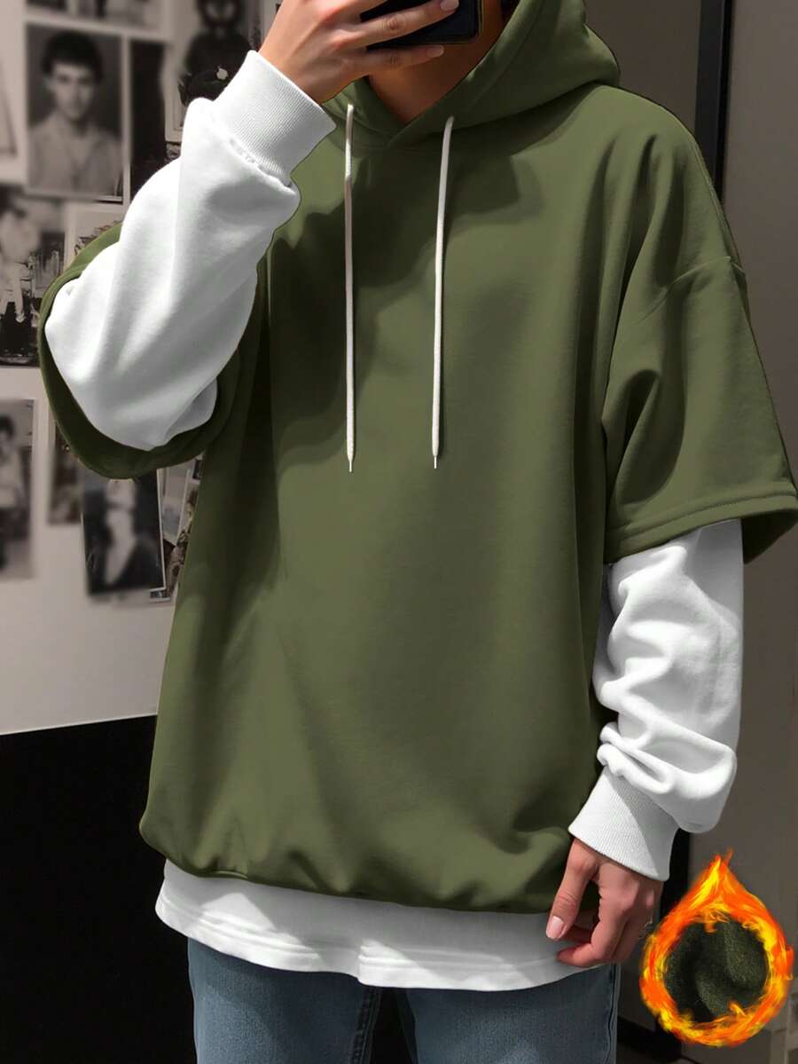 Claim Dot Loose Fit Men's Colorblock Drawstring 2-In-1 Hoodie, Long Sleeve Top - Multicolor - View 1