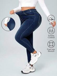 SHEIN CURVE+ 大码女式牛仔蓝色弹力性感休闲紧身牛仔裤，适合牛仔竞技爱好者 - 深色水洗藍 - 查看 1