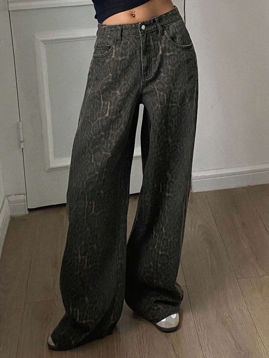 Dazy Tall 女式宽松街头风格直筒裤，豹纹牛仔裤 - 棕色 - 查看 1