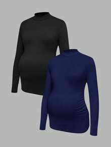 Modmama Maternity Solid Color Stand Collar Long Sleeve Pleated Slim Casual T-Shirt - Navy Blue - View 11