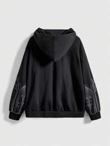 ROMWE Áo nỉ tay dài dáng rộng, in hình thánh giá nhà thờ Gothic cổ điển, cỡ lớn, thích hợp mặc mùa đông. - màu đen - Xem 2