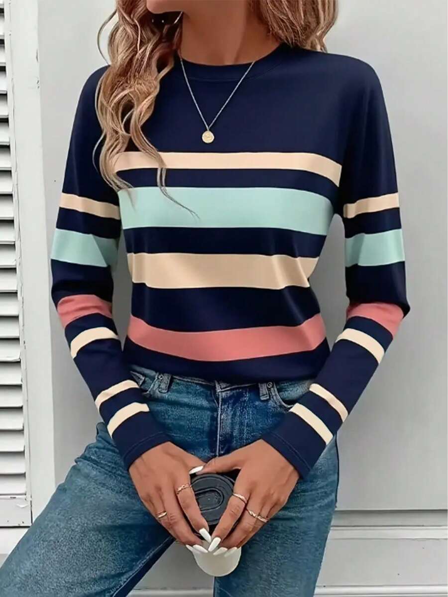 EMERY ROSE Women's Long Sleeve Striped Print T-Shirt, Classic Pattern Design, Versatile, Suitable For Casual Wear And Outdoor, Autumn