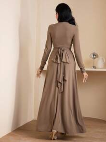 Veilorie Women's Solid Color Stand Collar Raglan Sleeve Waist Cinched Fashionable Arabic Style Dress - Brown - View 3