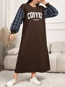 Modelyn Robe décontractée pour femmes à col rond, manches longues, couleur unie, patchwork, imprimé lettres - Tabac - Voir 7