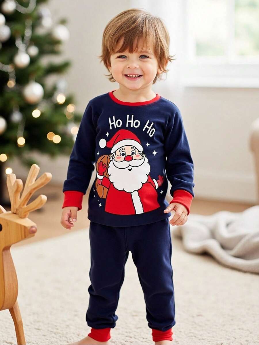 SHEIN 2pcs Baby Boys' Christmas Santa Claus Pajama Set,Cute Navy Blue Autumn Family Matching Long Sleeve Top And Stretchy Knit Snug Fit Pants For Toddlers - Multicolor - View 1