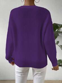 EMERY ROSE Women's Solid Color Round Neck Drop Shoulder Long Sleeve Casual Loose Pullover Sweater, Autumn/Winter - Violet Purple - View 2