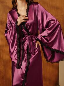 Anewsta Women's Elegant Faux Silk Lace Trim Contrast Cuffs Long Robe With Cozy And Elegant Details, Winter - Burgundy - View 5