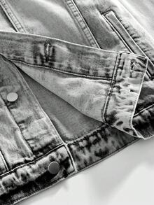 ROMWE MEN Grunge Punk Fashionable Long Sleeve Front Button Grey Denim Jacket, Unique Washed Finish - Light Grey - View 5
