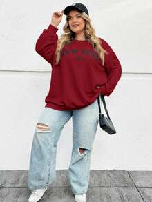 SHEIN CURVE+ 秋冬大码休闲宽松纽约图案圆领长袖女式运动衫 - 酒紅色 - 查看 6