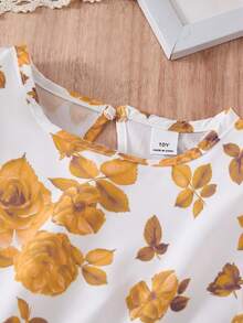 SHEIN 2 pezzi/set Elegante top con maniche a cappuccio e perline e abito con stampa floreale e cintura per ragazza pre-adolescente, adatto per primavera/estate, vacanze, estate, viaggi - Giallo - Visualizzare 3