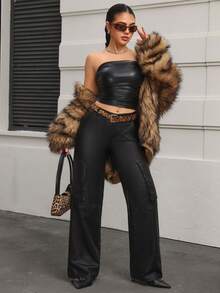 Jeanoix Women's Solid Color PU Leather Cargo Pocket Casual Loose Pants