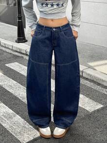 Jeanoix 女士时尚休闲百搭Y2K阔腿喇叭牛仔裤 - 深色水洗藍 - 查看 1