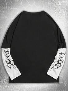 ROMWE MEN Goth 青少年男孩骷髅印花圆领长袖休闲T恤 - 黑色 - 查看 2