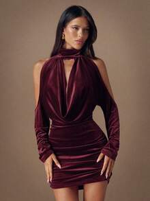 SHEIN BAE Women's Burgundy Summer 70's Club Night Party Disco Off-Shoulder Long-Sleeve Gathered Waist Fitted Mini Dress Elegant Cocktail Formal Occasions - Coffee Brown - View 2