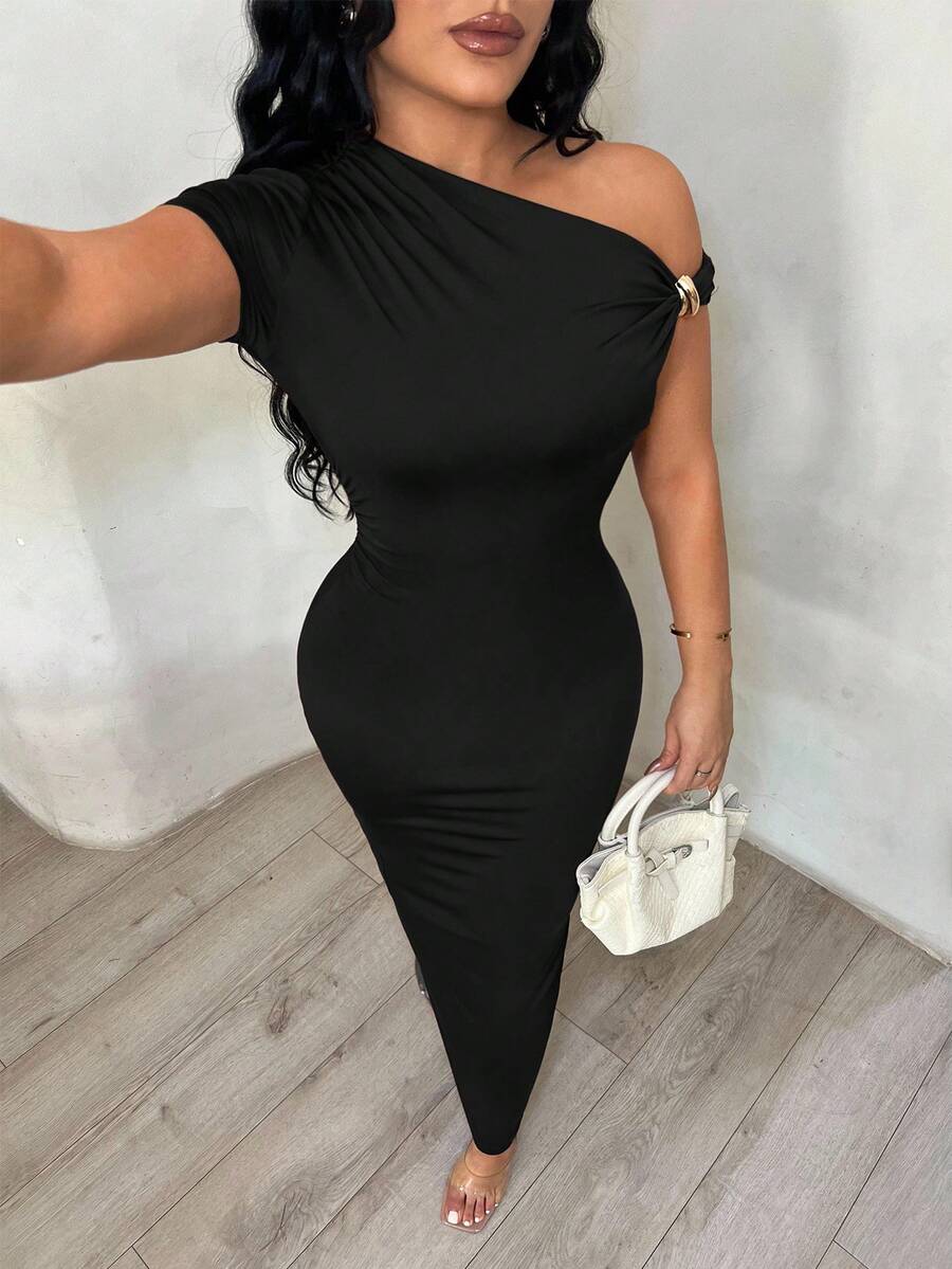 SHEIN SXY 女士不对称领口棕色优雅连衣裙 - 黑色 - 查看 1